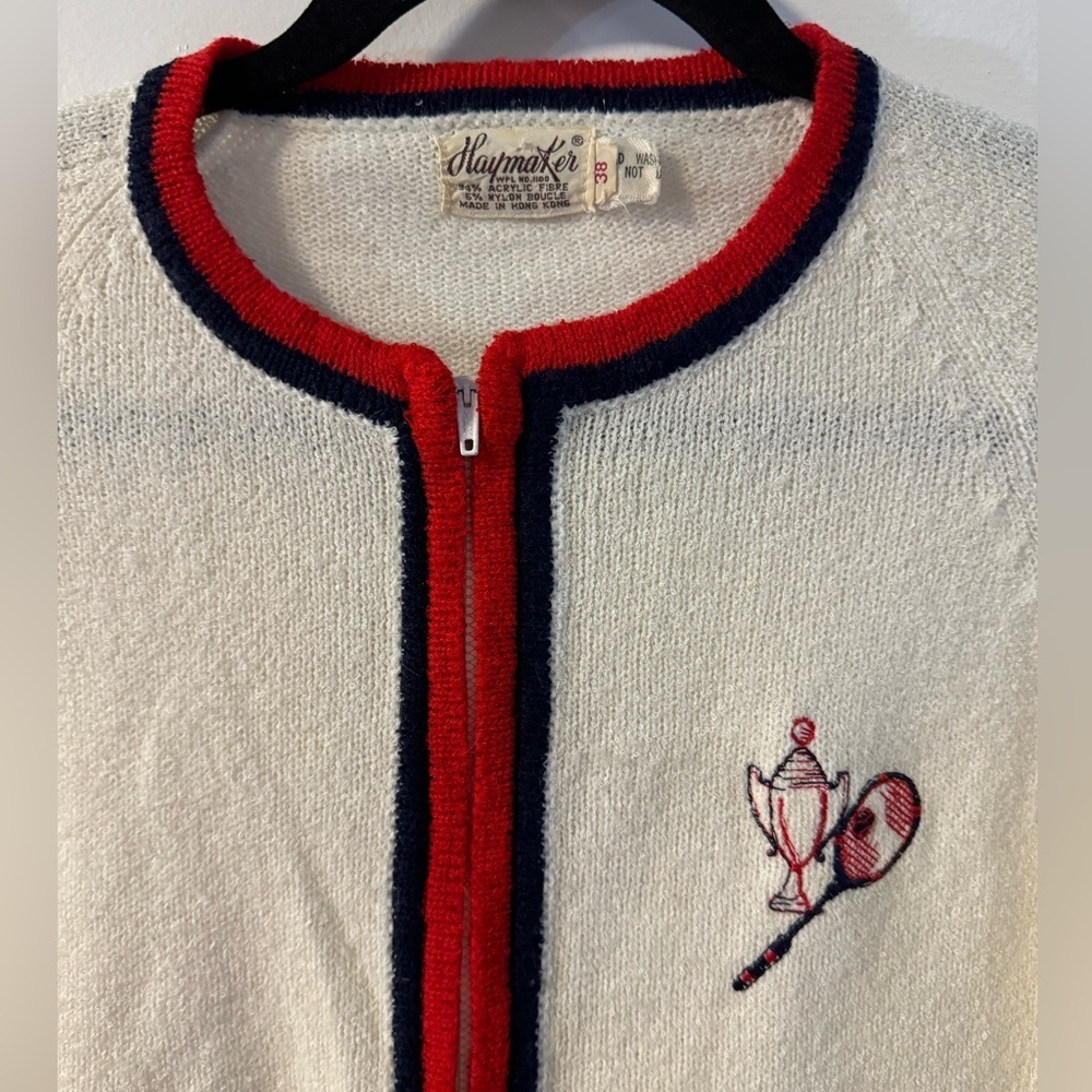 60s Tennis Trophy Preppy Vintage Cream Zip Up Cardigan Red & Blue Sportswear - Picture 4 of 13